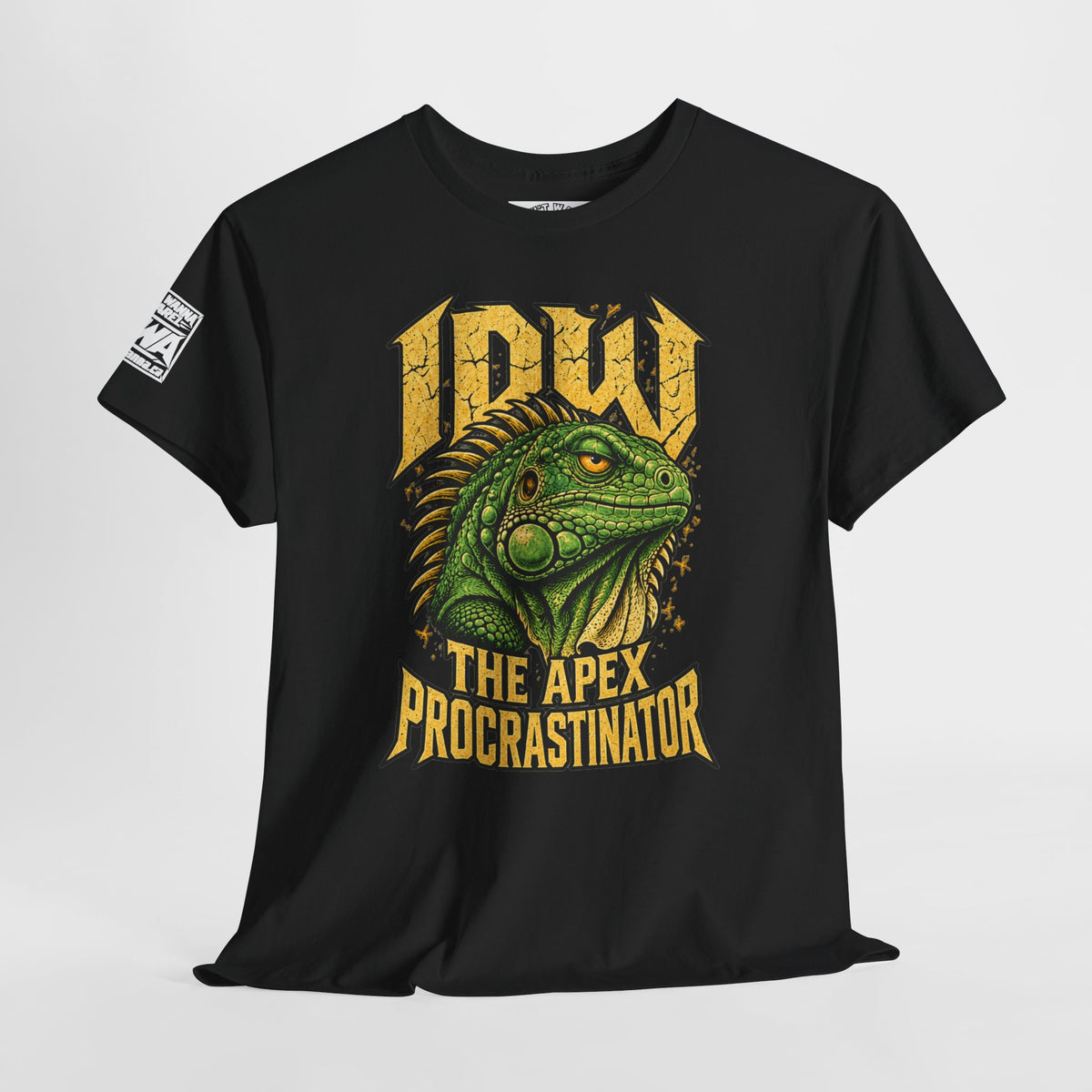 Apex Procrastinator Iguana T-Shirt — "I AM THE APEX PROCRASTINATOR" (Back: "THE VOICES IN MY HEAD REQUESTED A DAY OFF")