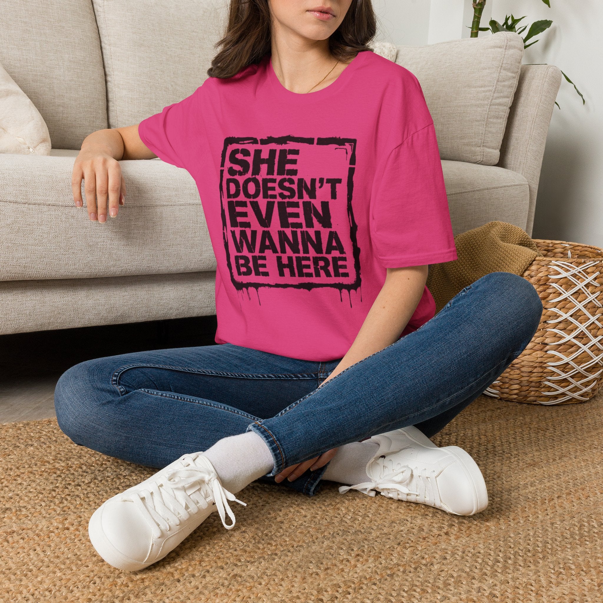 She Doesn't Even Wanna Be Here Funny Mean Girls-Inspired Pink Wednesday Tee