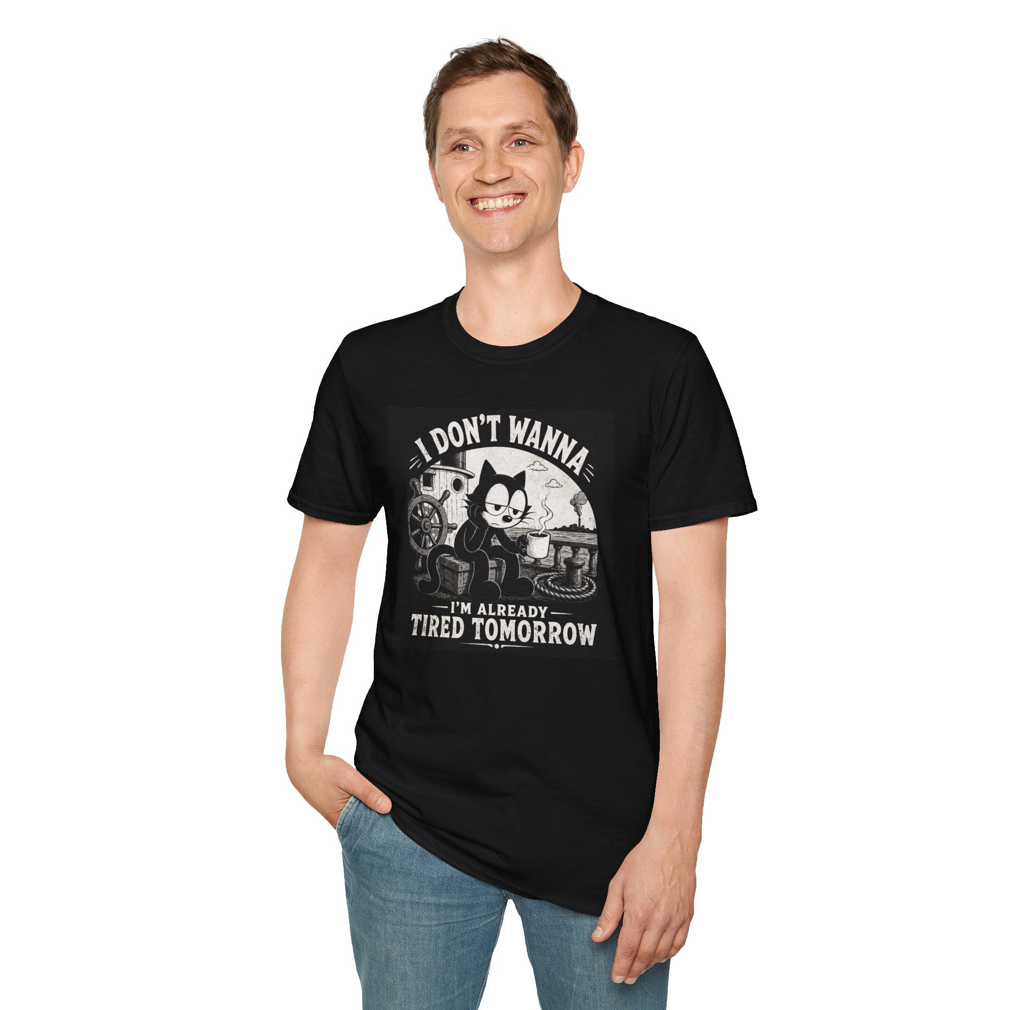 I Don't Wanna I'm Already Tired Tomorrow Retro Tee — Doom Cat Coffee T-Shirt