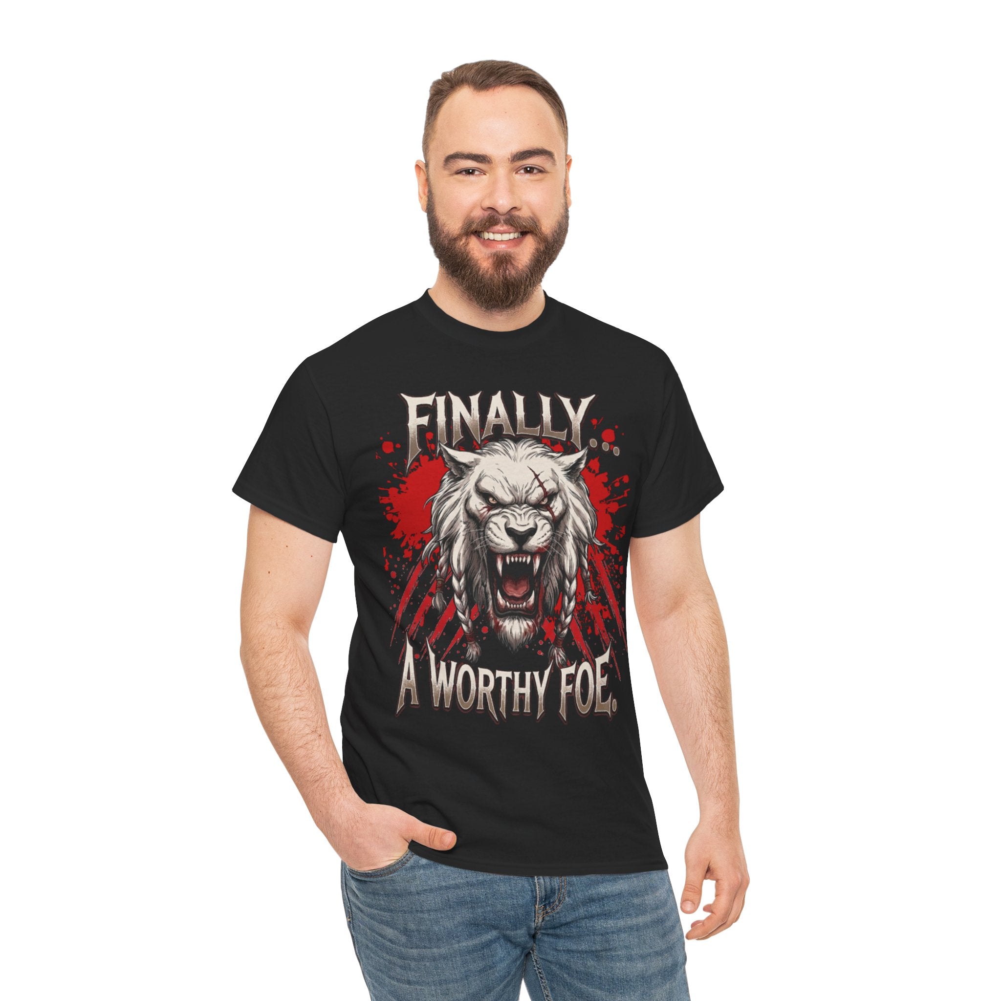 Roaring Battle Lion T-Shirt — "Finally A Worthy Foe" Graphic Tee