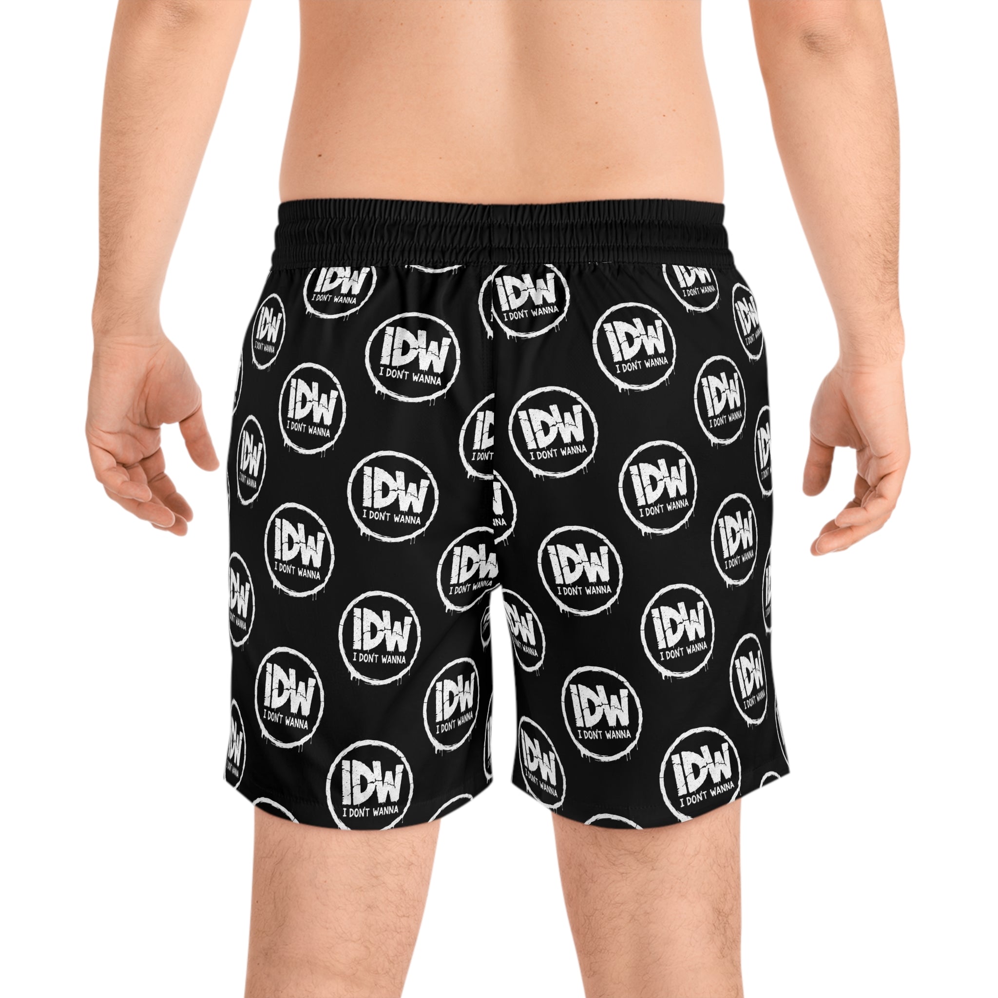 IDW Logo Black Swim Shorts — Men's Mid-Length Beach Trunks