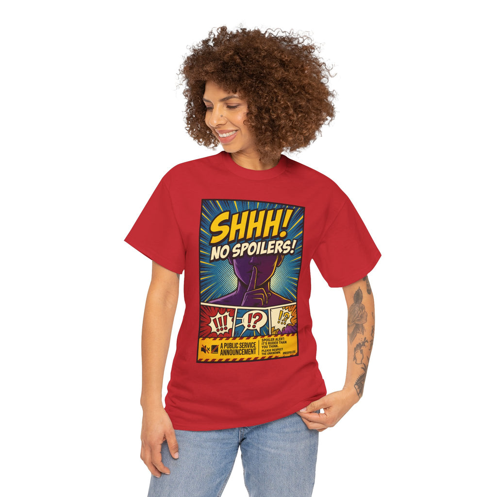 No Spoilers Graphic Tee — "SHHH! No Spoilers!" Comic-Style T-Shirt