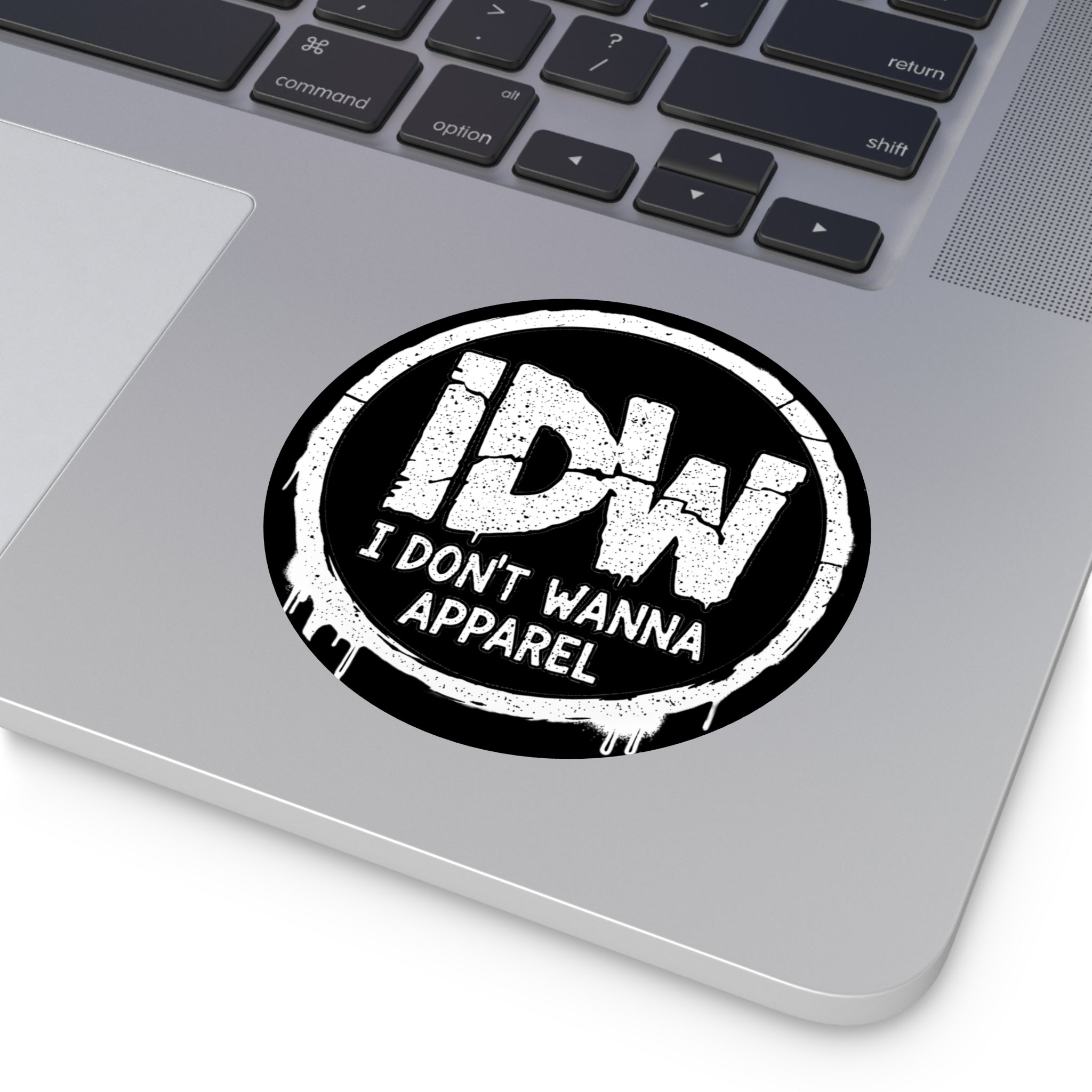 Round Vinyl Sticker — IDW "I Don't Wanna Apparel" Black Graffiti Logo