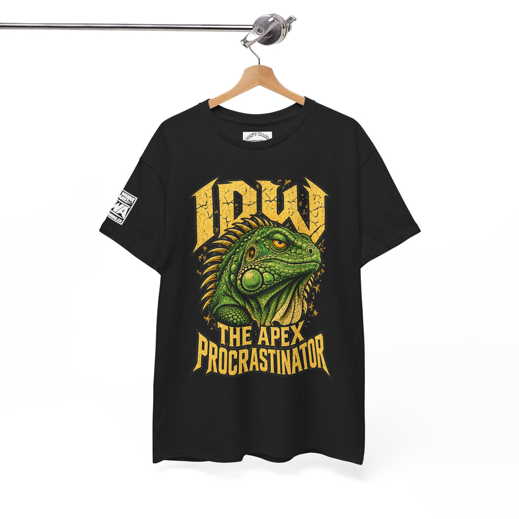 Apex Procrastinator Iguana T-Shirt — "I AM THE APEX PROCRASTINATOR" (Back: "THE VOICES IN MY HEAD REQUESTED A DAY OFF")