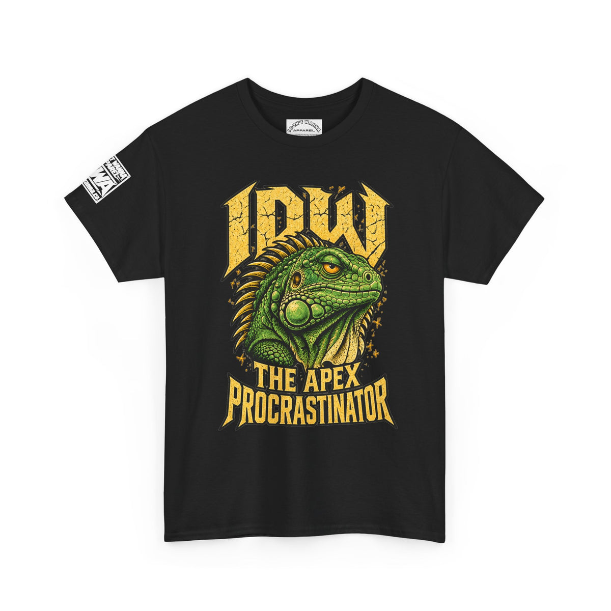 Apex Procrastinator Iguana T-Shirt — "I AM THE APEX PROCRASTINATOR" (Back: "THE VOICES IN MY HEAD REQUESTED A DAY OFF")