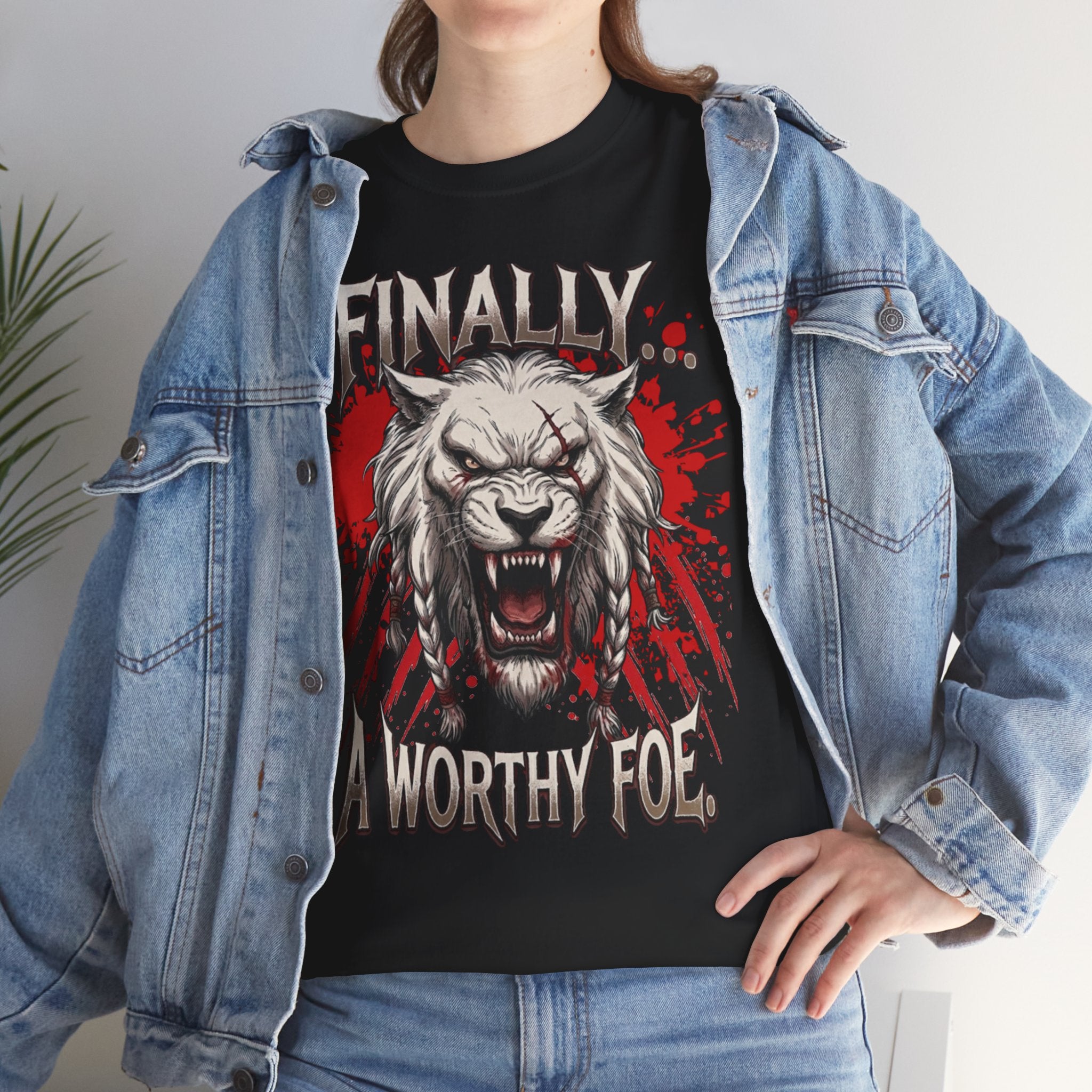 Roaring Battle Lion T-Shirt — "Finally A Worthy Foe" Graphic Tee