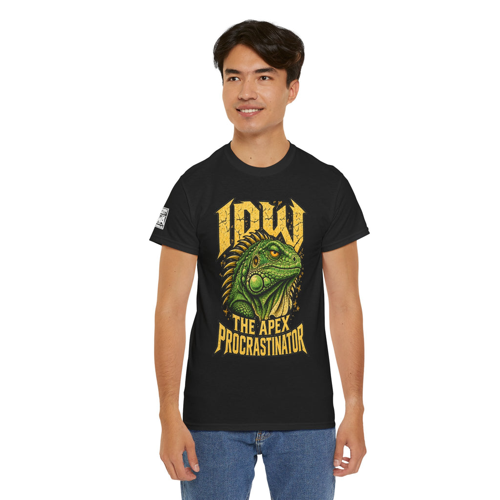 Apex Procrastinator Iguana T-Shirt — "I AM THE APEX PROCRASTINATOR" (Back: "THE VOICES IN MY HEAD REQUESTED A DAY OFF")