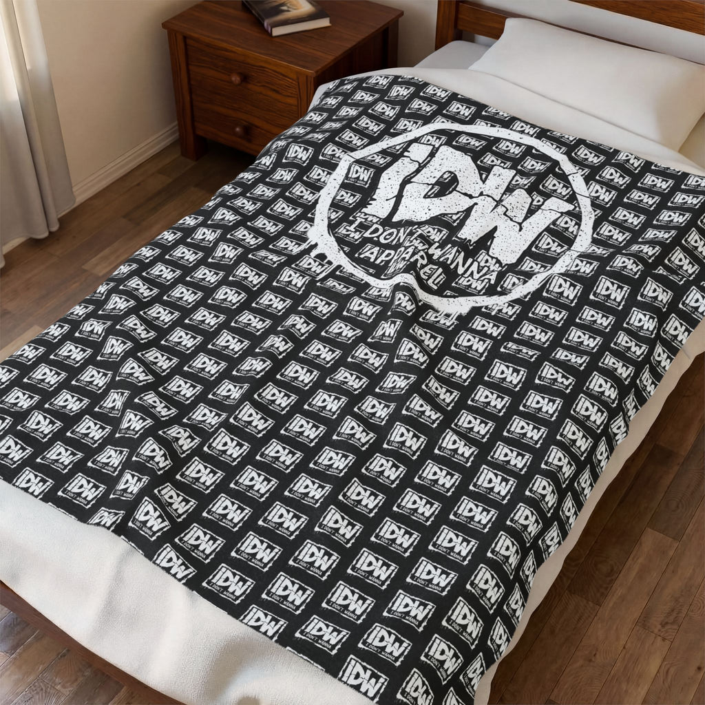 Velveteen Plush Blanket — 'I Don't Wanna' Logo Repeating Black & White Cozy Throw