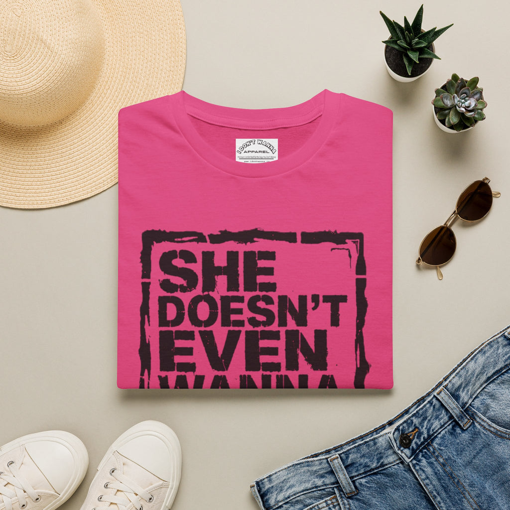 She Doesn't Even Wanna Be Here Funny Mean Girls-Inspired Pink Wednesday Tee
