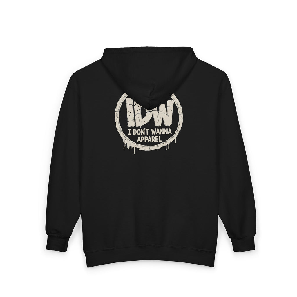 I Don’t Wanna Logo Zip Hoodie — Black Full-Zip Hooded Sweatshirt