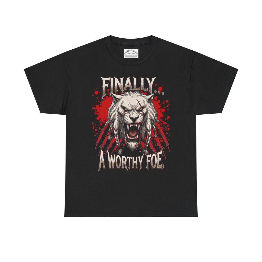 Roaring Battle Lion T-Shirt — "Finally A Worthy Foe" Graphic Tee