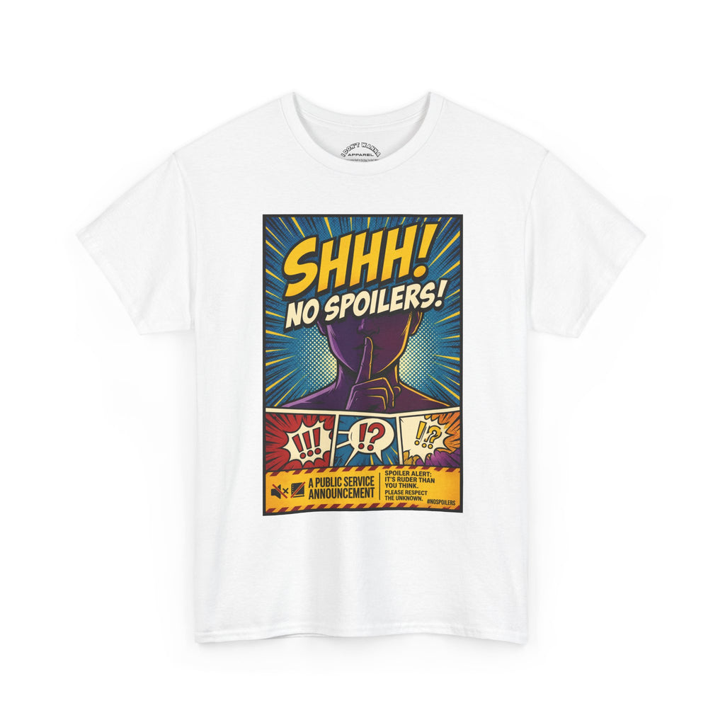No Spoilers Graphic Tee — "SHHH! No Spoilers!" Comic-Style T-Shirt