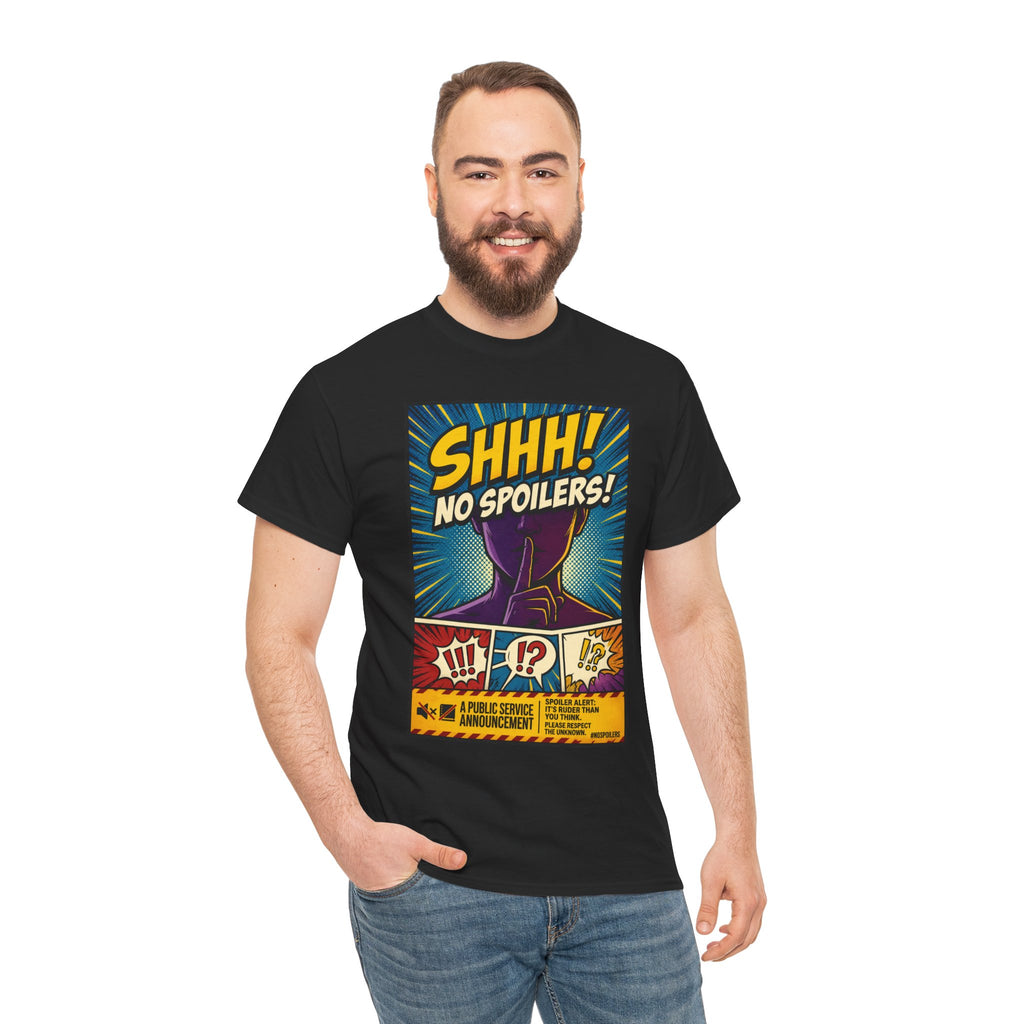 No Spoilers Graphic Tee — "SHHH! No Spoilers!" Comic-Style T-Shirt