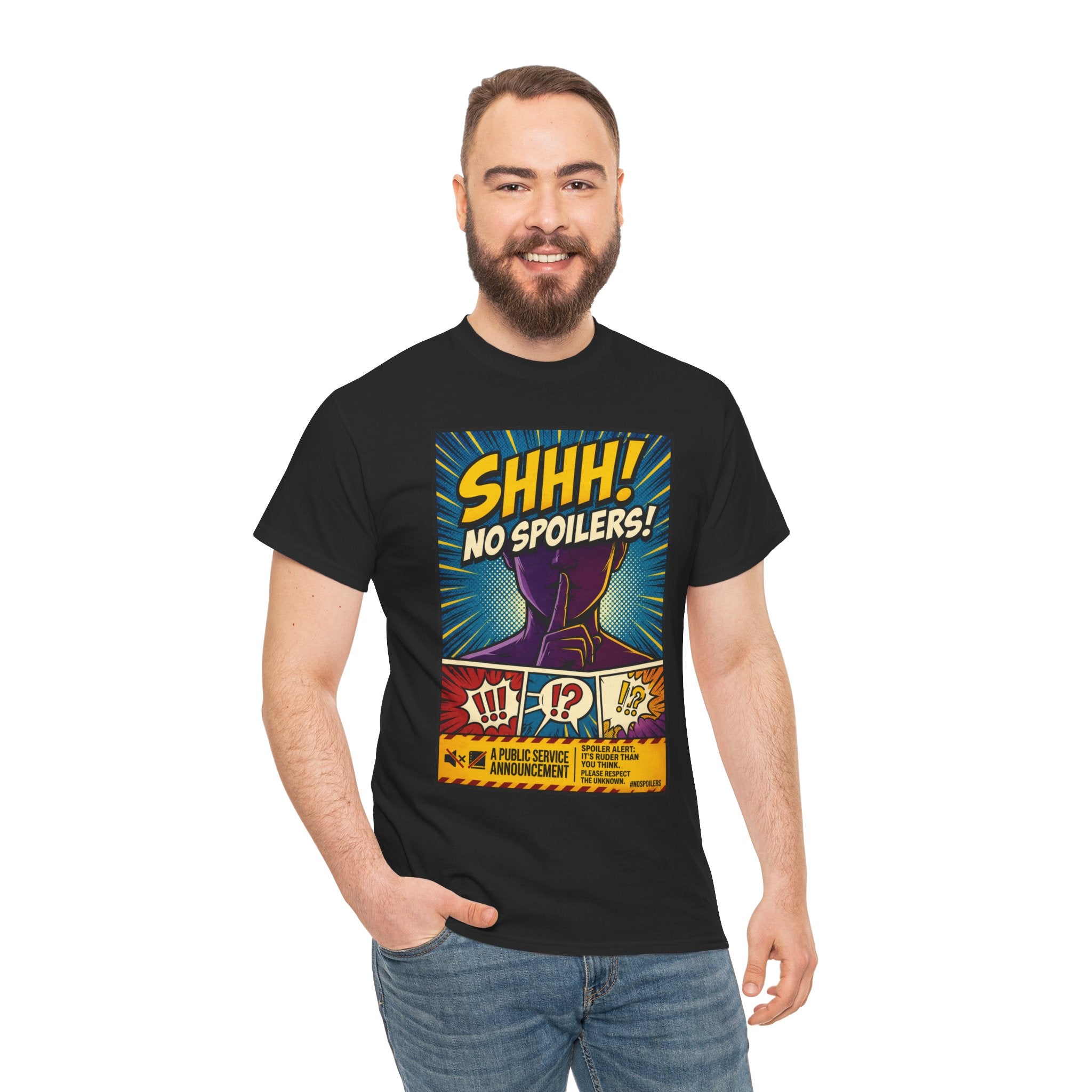 No Spoilers Graphic Tee — "SHHH! No Spoilers!" Comic-Style T-Shirt