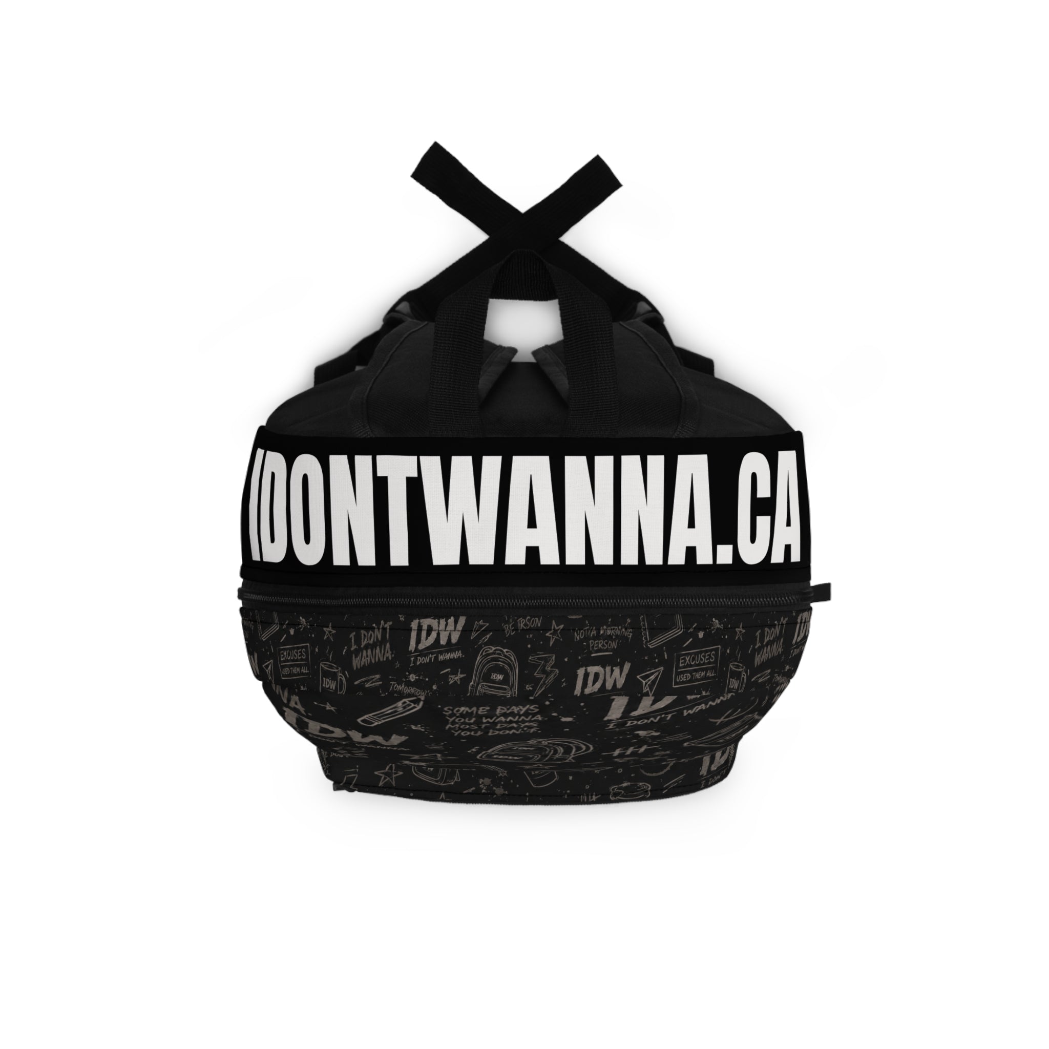 IDW "I Don't Wanna" Graphic Backpack — Black Doodle Pattern School & Travel Bag