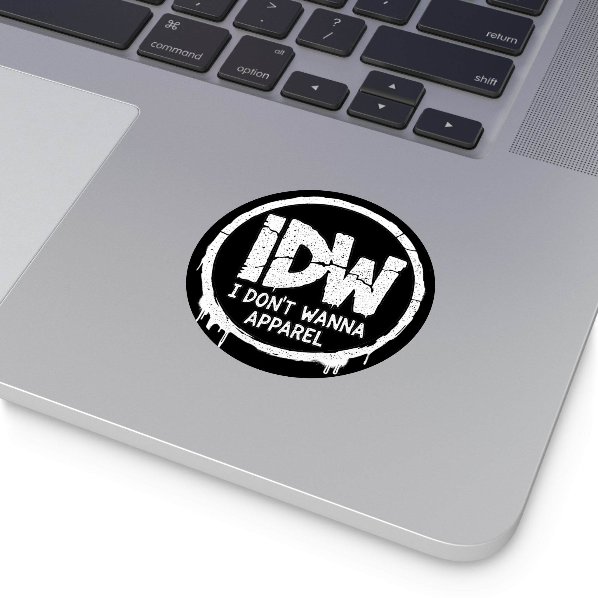 Round Vinyl Sticker — IDW "I Don't Wanna Apparel" Black Graffiti Logo