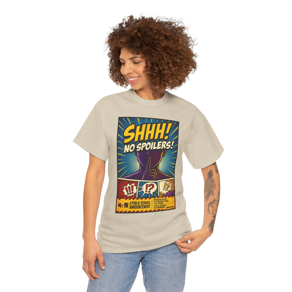 No Spoilers Graphic Tee — "SHHH! No Spoilers!" Comic-Style T-Shirt