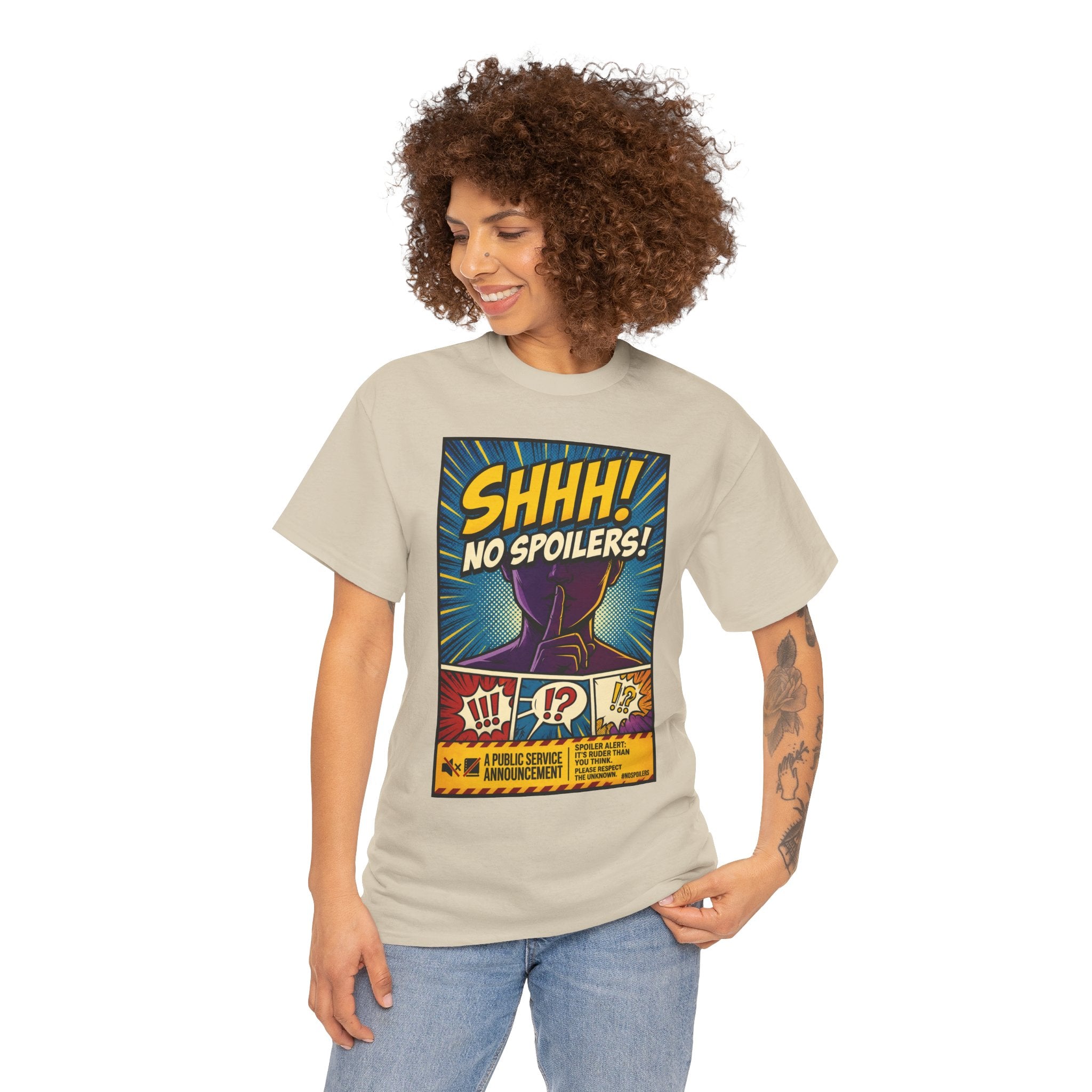 No Spoilers Graphic Tee — "SHHH! No Spoilers!" Comic-Style T-Shirt