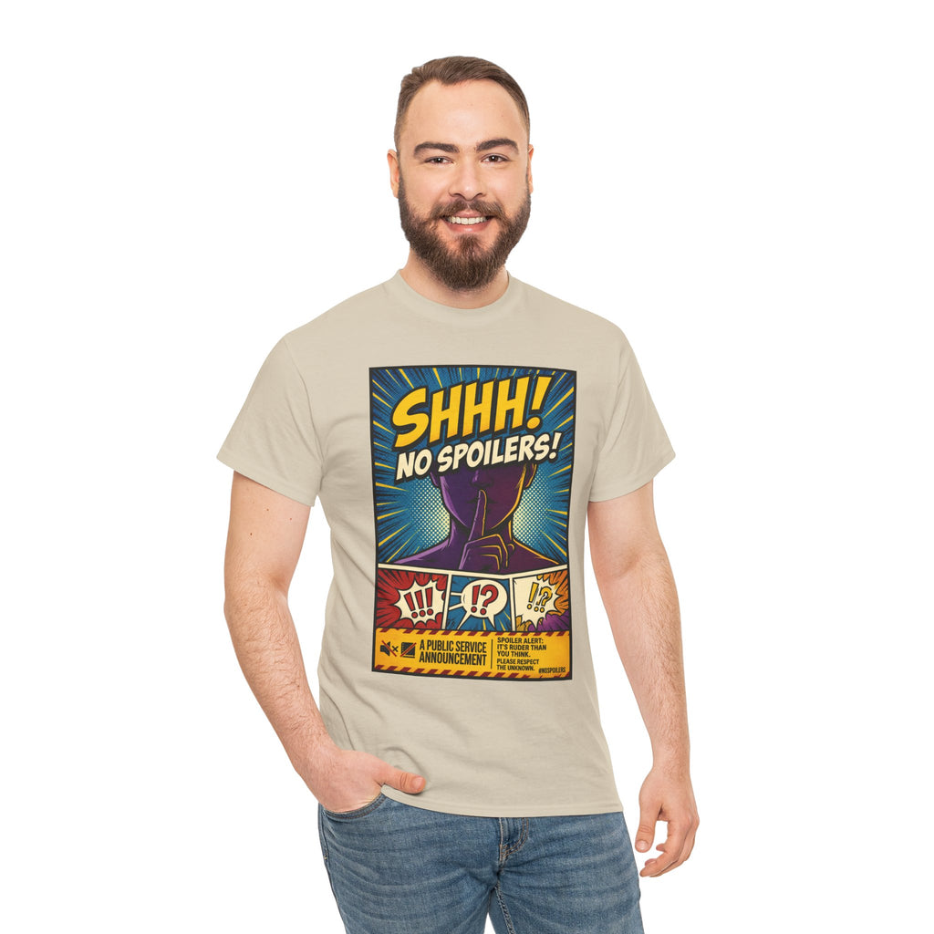 No Spoilers Graphic Tee — "SHHH! No Spoilers!" Comic-Style T-Shirt