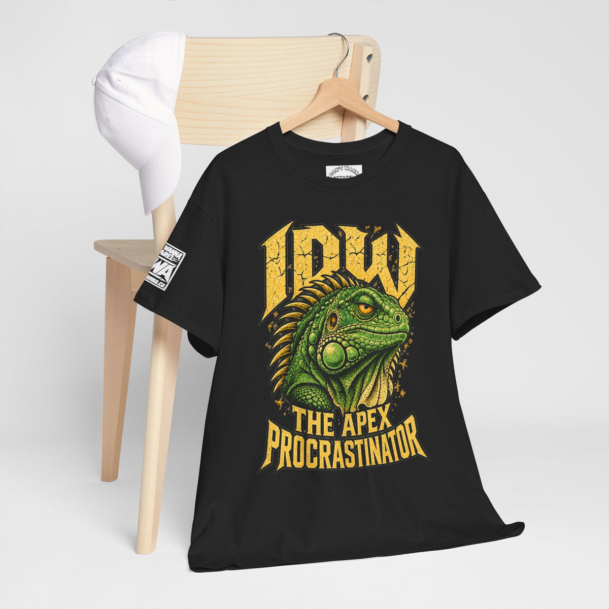 Apex Procrastinator Iguana T-Shirt — "I AM THE APEX PROCRASTINATOR" (Back: "THE VOICES IN MY HEAD REQUESTED A DAY OFF")