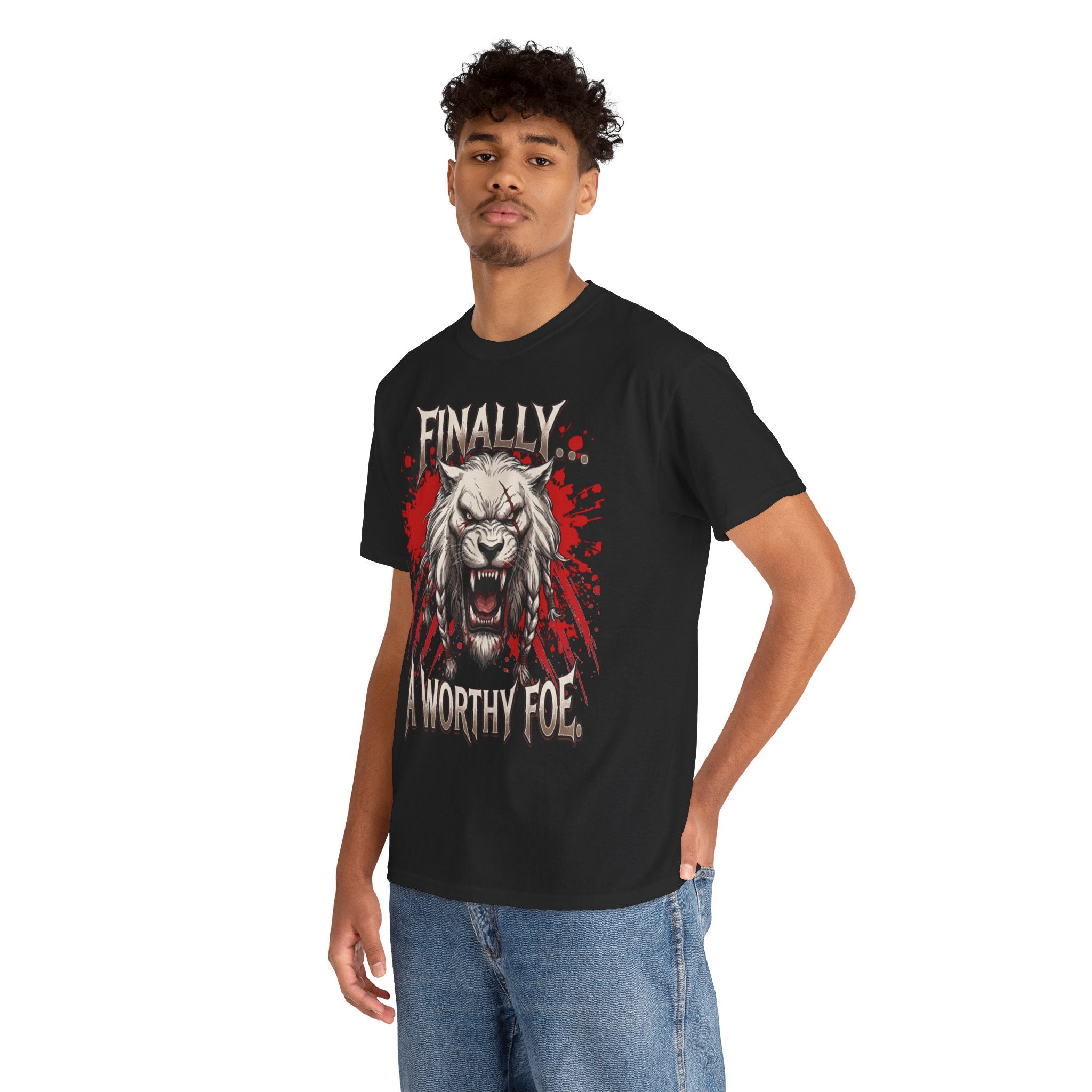 Roaring Battle Lion T-Shirt — "Finally A Worthy Foe" Graphic Tee