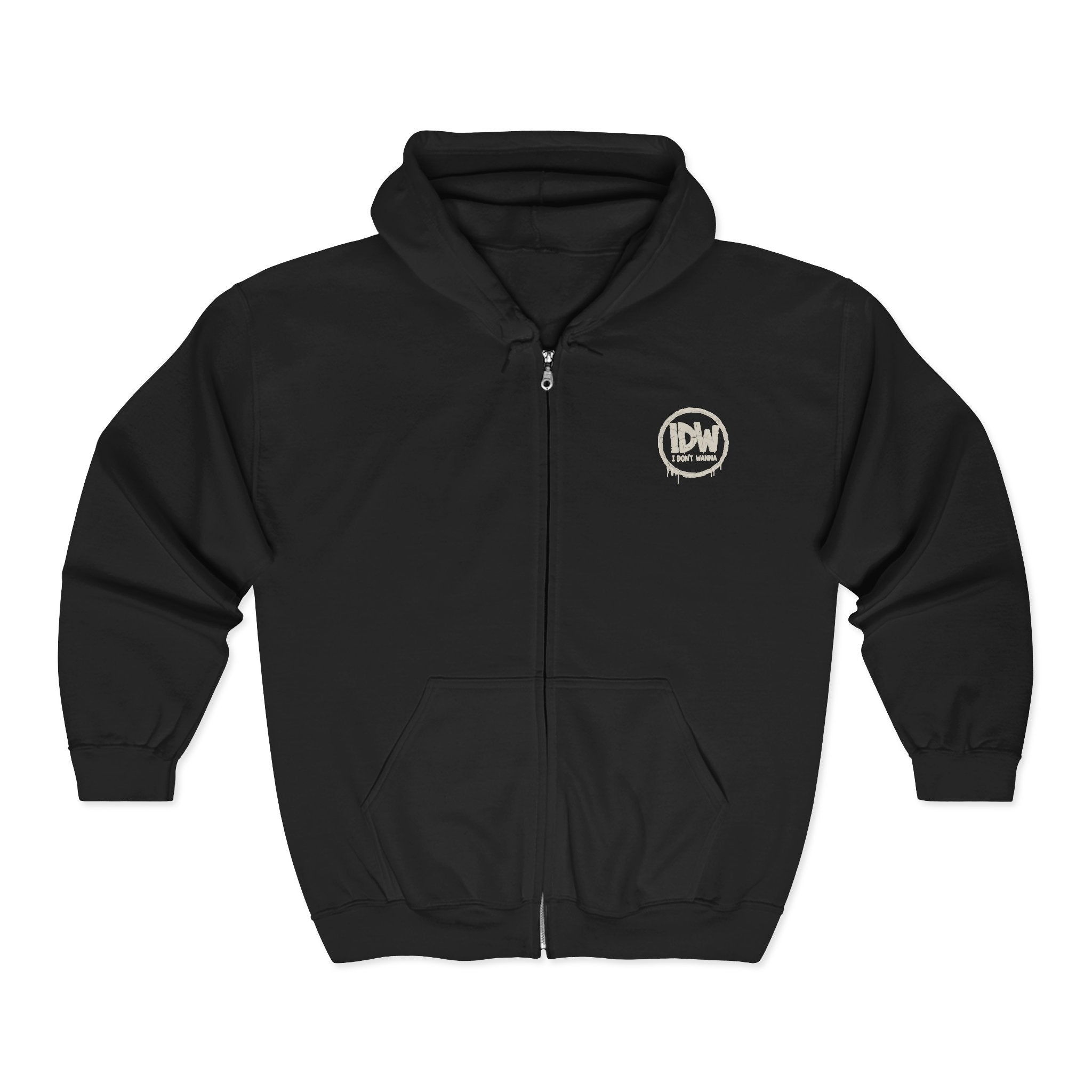 I Don’t Wanna Logo Zip Hoodie — Black Full-Zip Hooded Sweatshirt