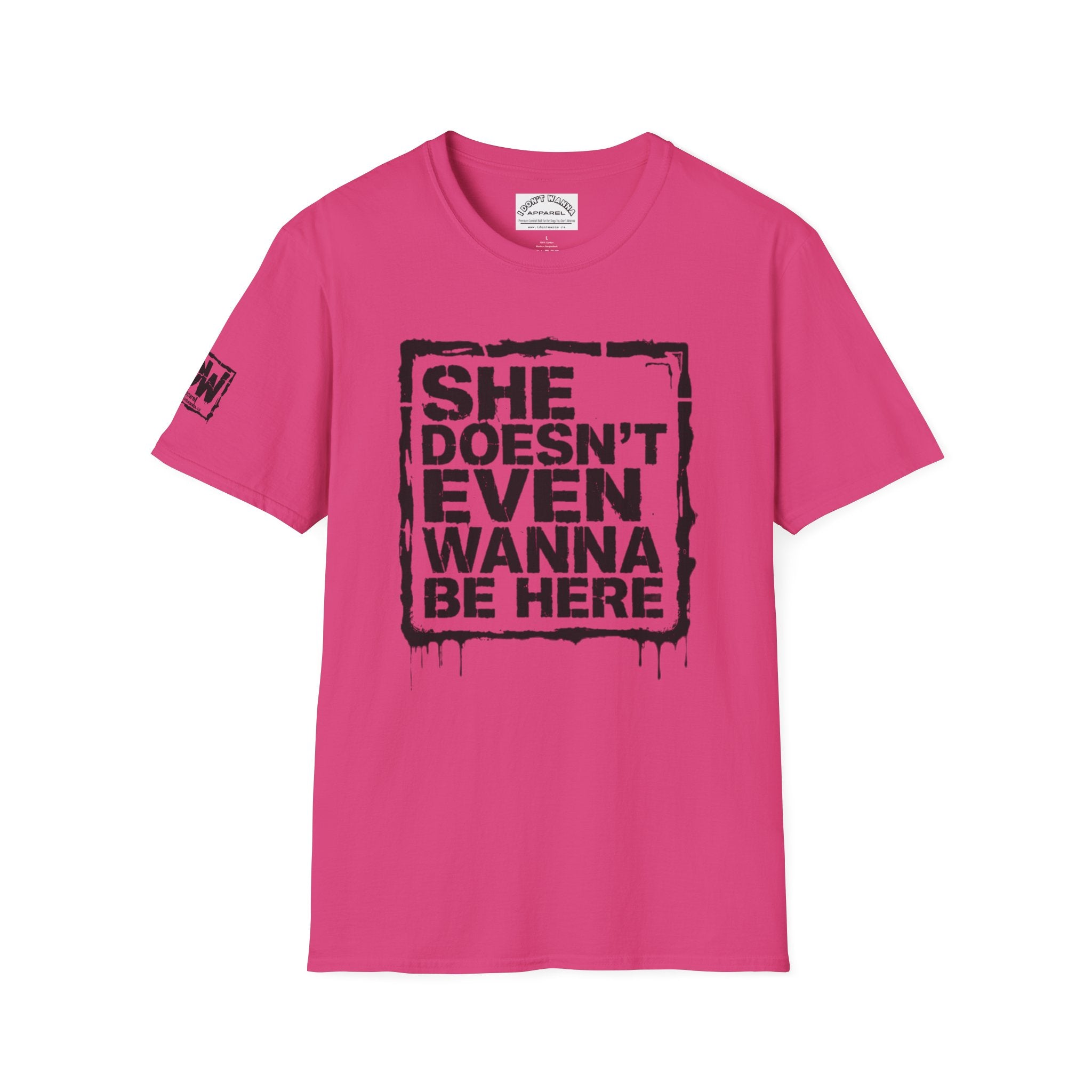 She Doesn't Even Wanna Be Here Funny Mean Girls-Inspired Pink Wednesday Tee