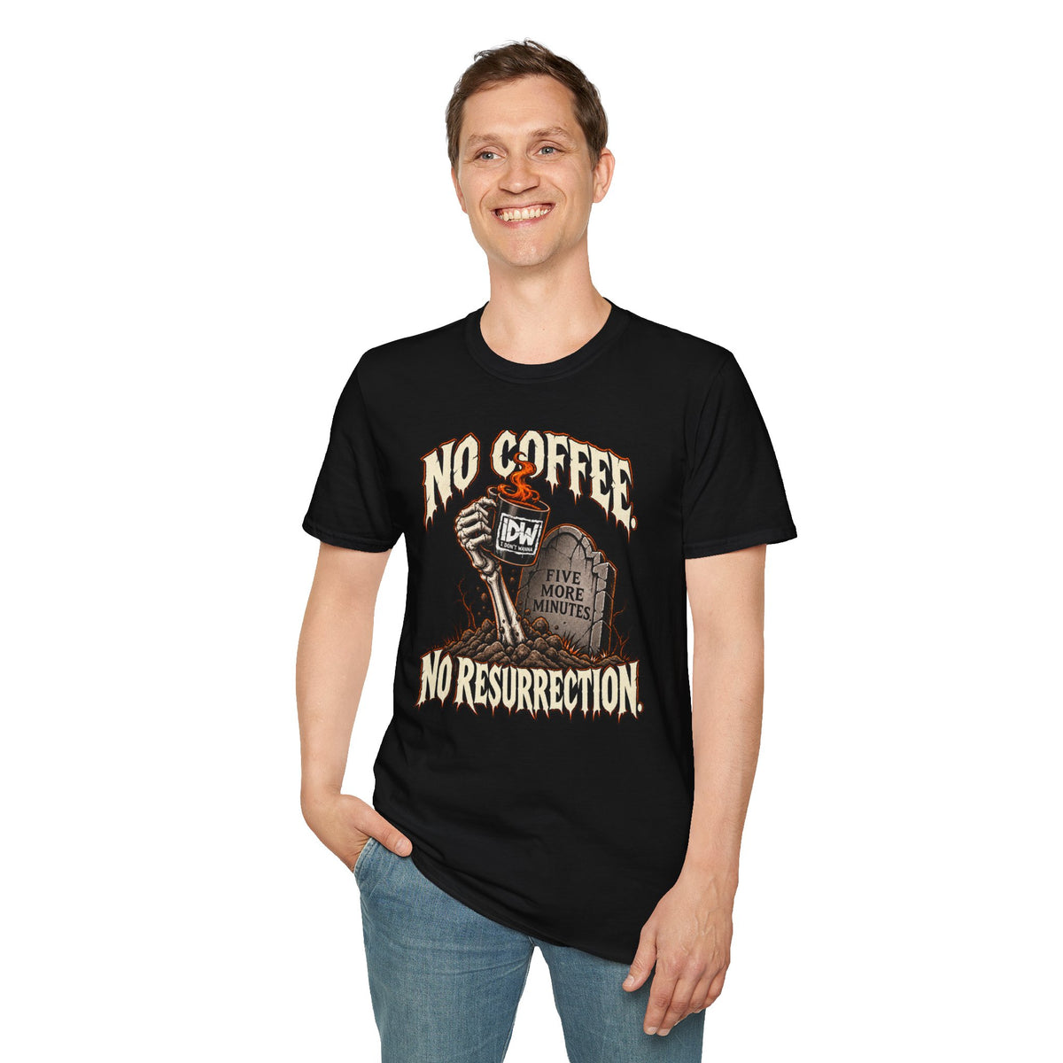 Halloween Coffee T-Shirt — “No Coffee. No Resurrection.” Gothic Graveyard Design