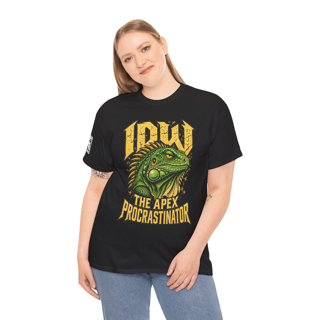Apex Procrastinator Iguana T-Shirt — "I AM THE APEX PROCRASTINATOR" (Back: "THE VOICES IN MY HEAD REQUESTED A DAY OFF")