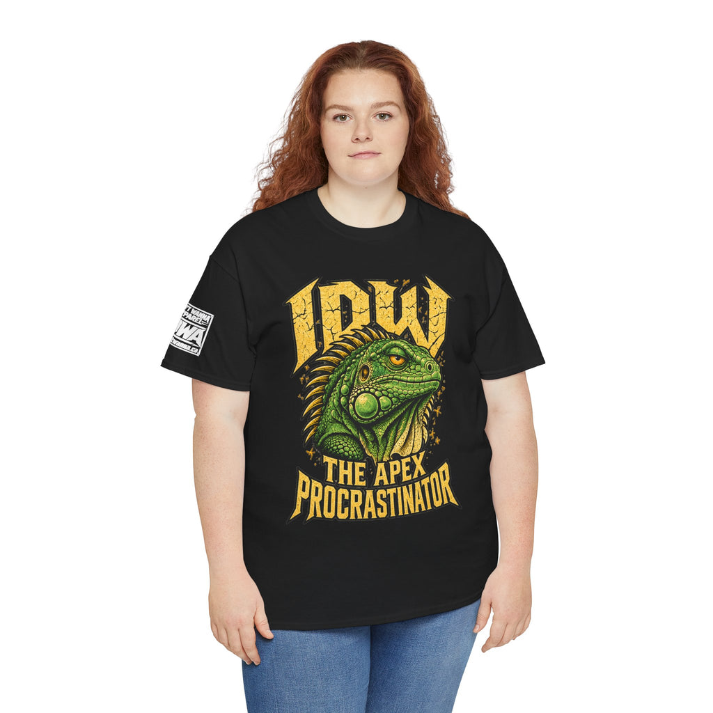 Apex Procrastinator Iguana T-Shirt — "I AM THE APEX PROCRASTINATOR" (Back: "THE VOICES IN MY HEAD REQUESTED A DAY OFF")