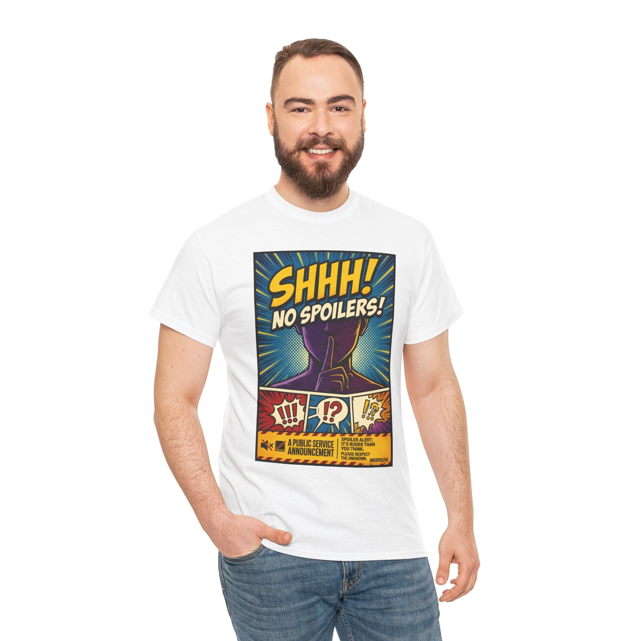 No Spoilers Graphic Tee — "SHHH! No Spoilers!" Comic-Style T-Shirt