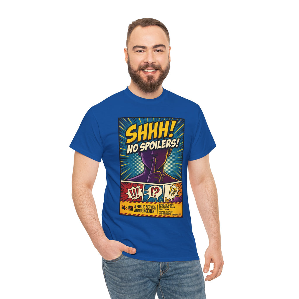 No Spoilers Graphic Tee — "SHHH! No Spoilers!" Comic-Style T-Shirt