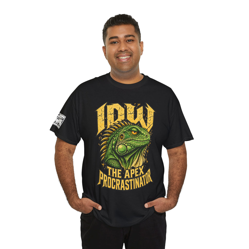 Apex Procrastinator Iguana T-Shirt — "I AM THE APEX PROCRASTINATOR" (Back: "THE VOICES IN MY HEAD REQUESTED A DAY OFF")