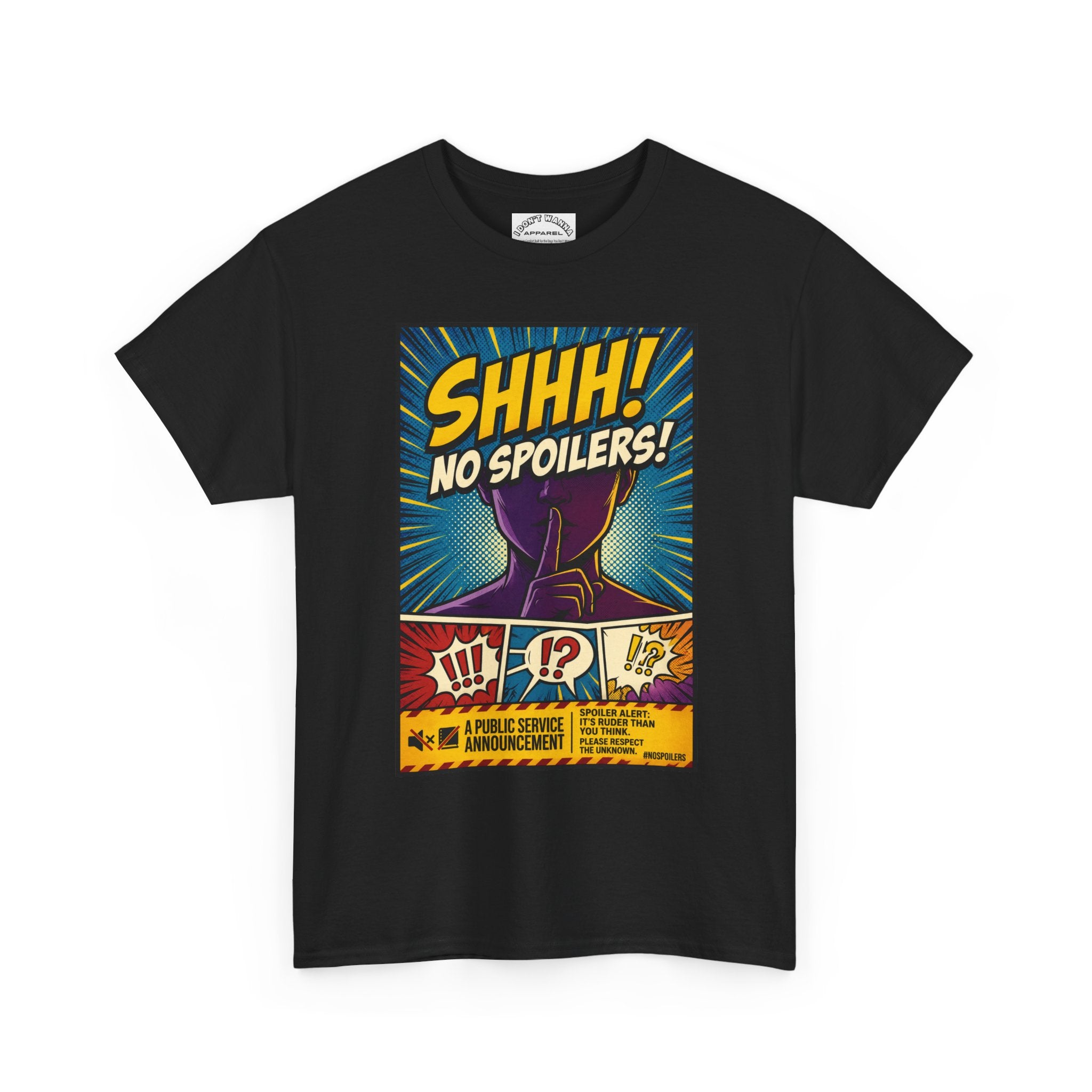 No Spoilers Graphic Tee — "SHHH! No Spoilers!" Comic-Style T-Shirt