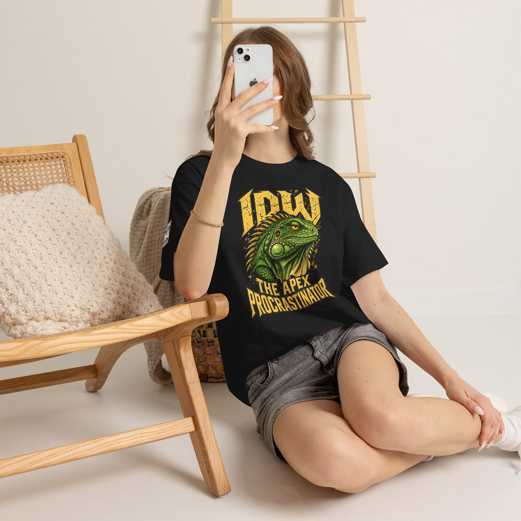Apex Procrastinator Iguana T-Shirt — "I AM THE APEX PROCRASTINATOR" (Back: "THE VOICES IN MY HEAD REQUESTED A DAY OFF")
