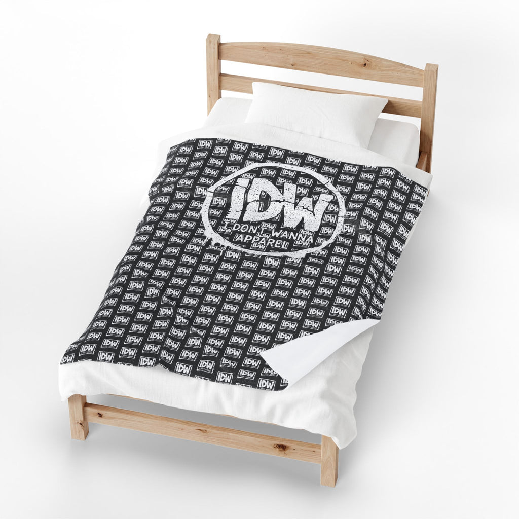 Velveteen Plush Blanket — 'I Don't Wanna' Logo Repeating Black & White Cozy Throw