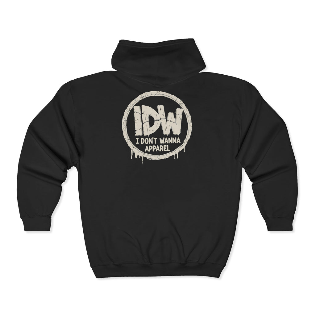 I Don’t Wanna Logo Zip Hoodie — Black Full-Zip Hooded Sweatshirt
