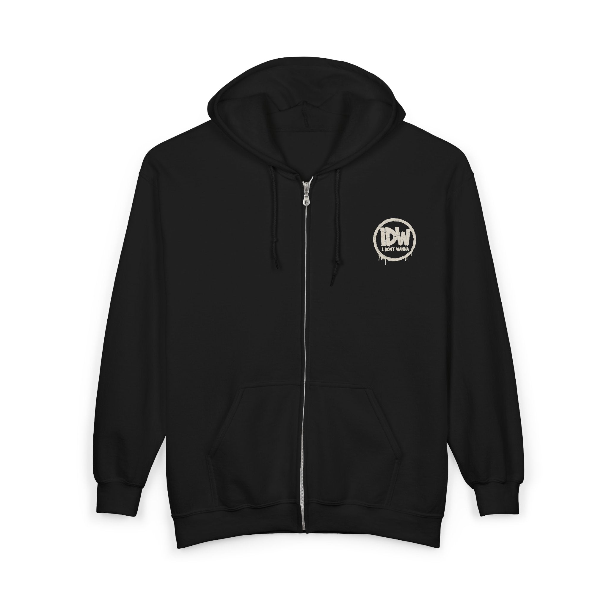 I Don’t Wanna Logo Zip Hoodie — Black Full-Zip Hooded Sweatshirt