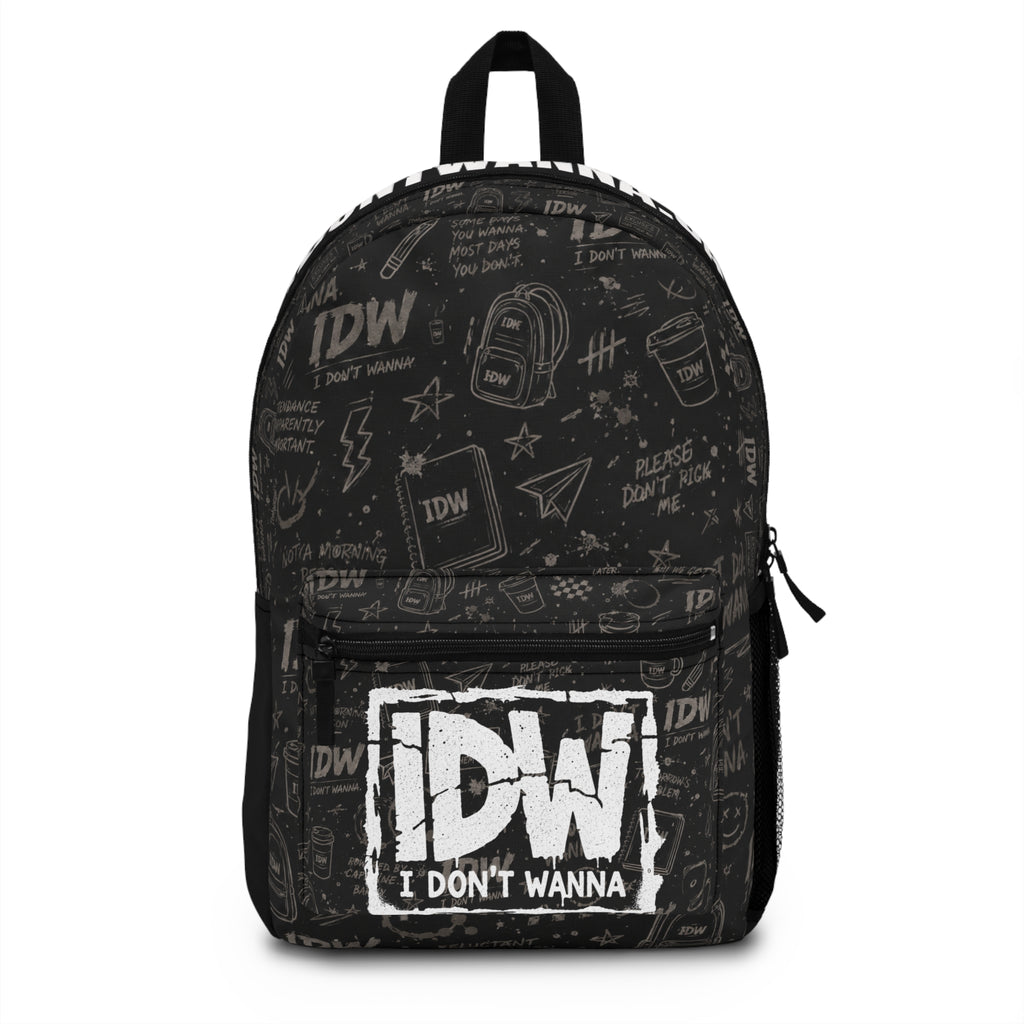 IDW "I Don't Wanna" Graphic Backpack — Black Doodle Pattern School & Travel Bag
