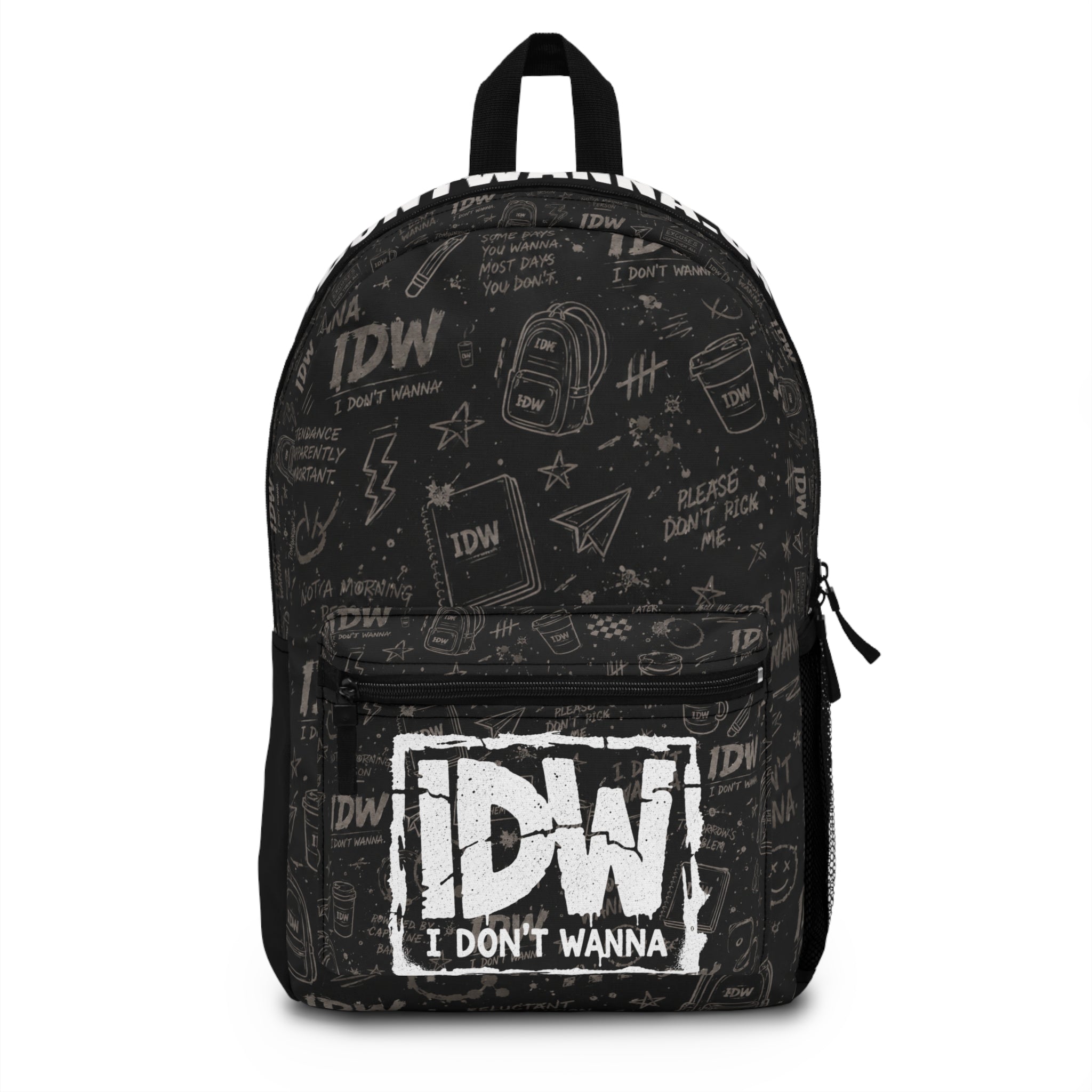 IDW "I Don't Wanna" Graphic Backpack — Black Doodle Pattern School & Travel Bag