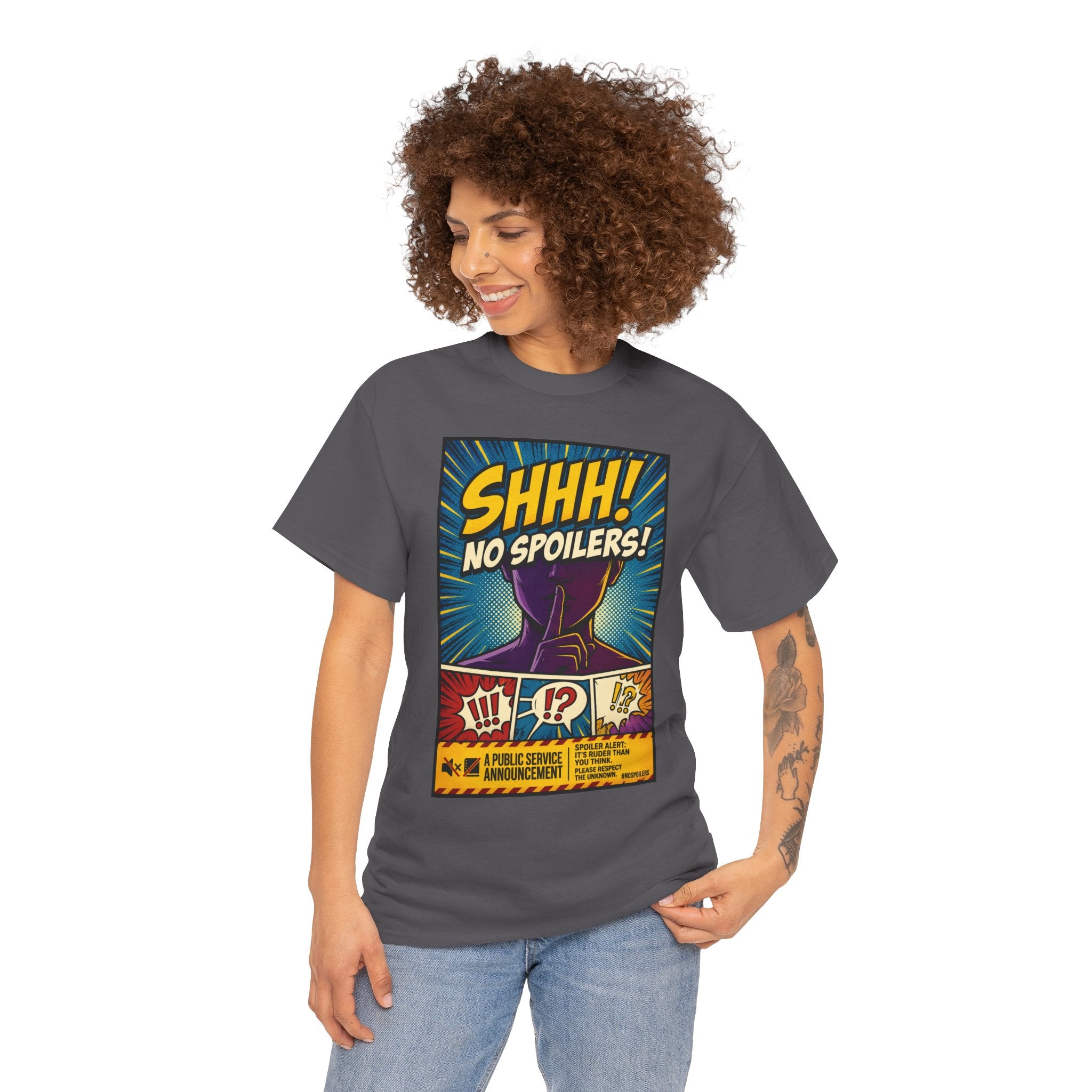 No Spoilers Graphic Tee — "SHHH! No Spoilers!" Comic-Style T-Shirt