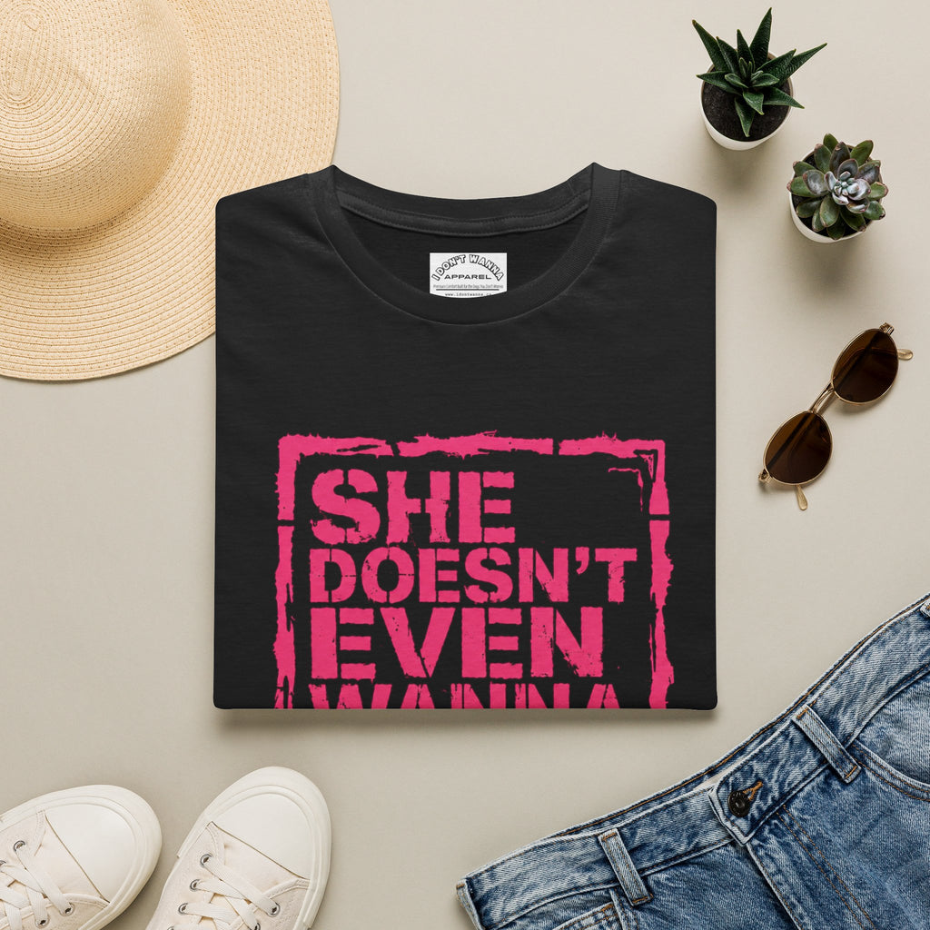 She Doesn't Even Wanna Be Here Funny Mean Girls-Inspired Pink Wednesday Tee