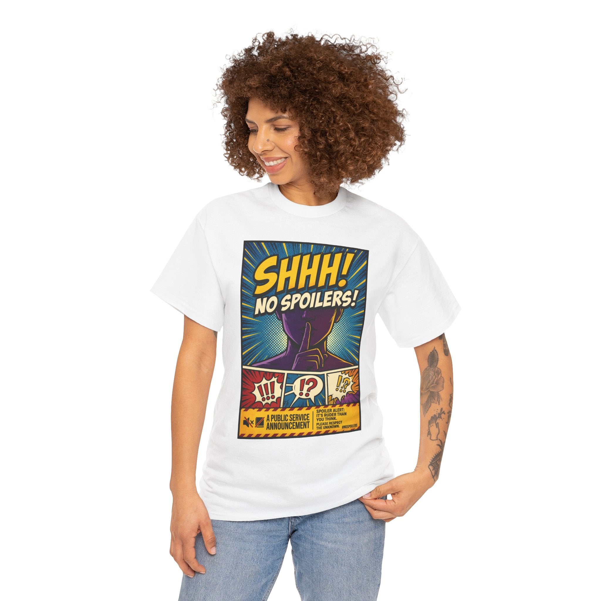 No Spoilers Graphic Tee — "SHHH! No Spoilers!" Comic-Style T-Shirt