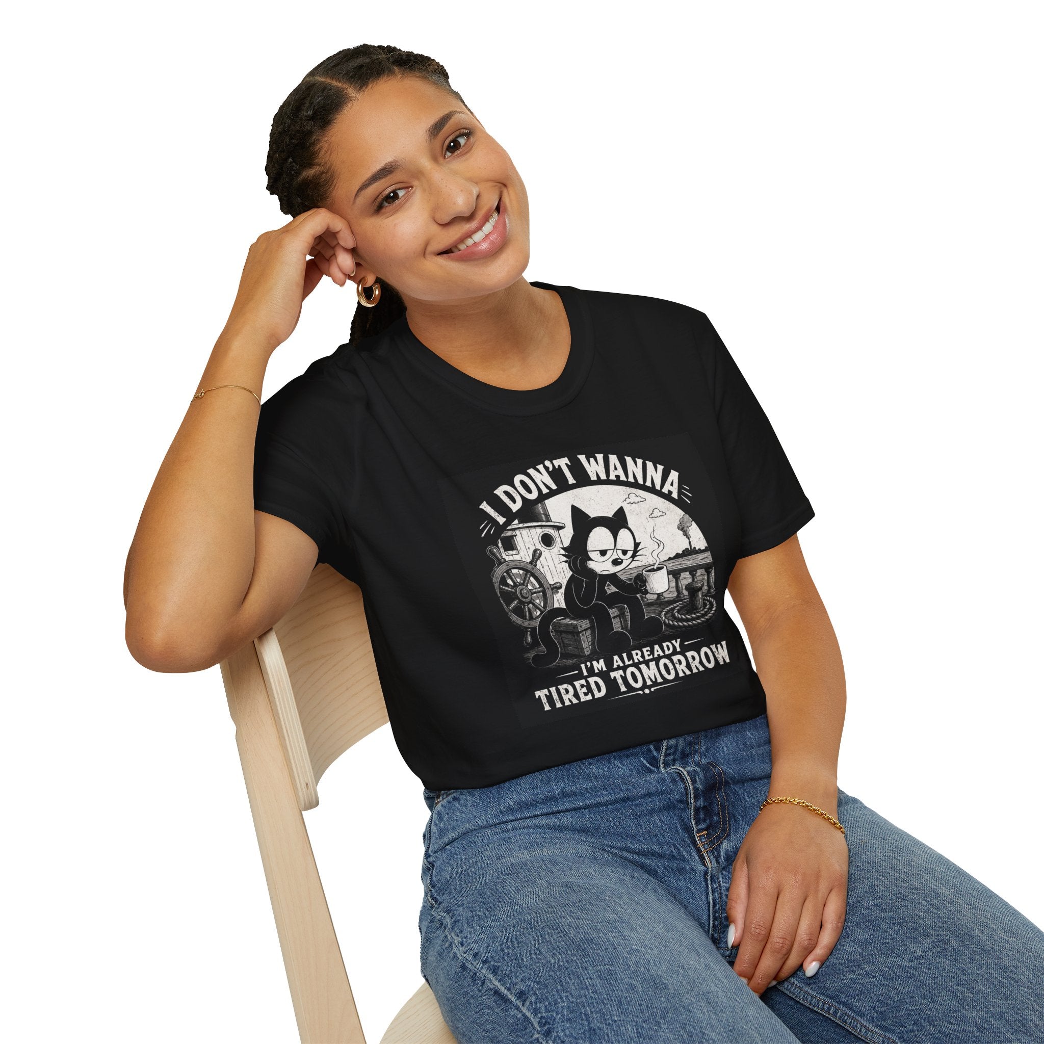 I Don't Wanna I'm Already Tired Tomorrow Retro Tee — Doom Cat Coffee T-Shirt