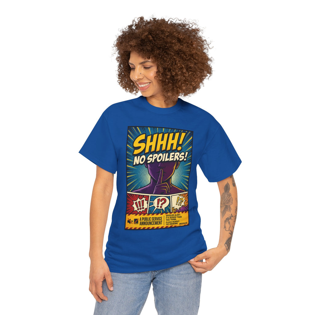 No Spoilers Graphic Tee — "SHHH! No Spoilers!" Comic-Style T-Shirt