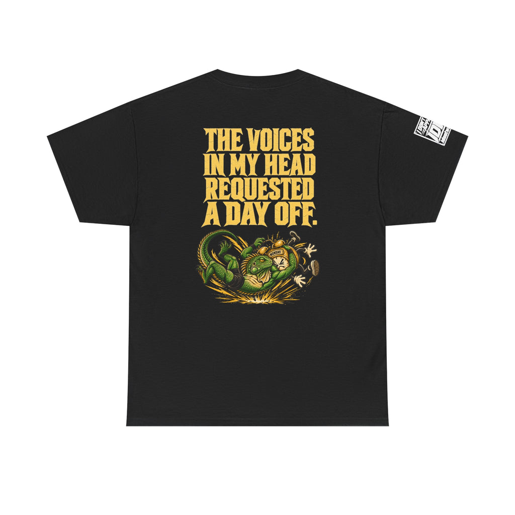 Apex Procrastinator Iguana T-Shirt — "I AM THE APEX PROCRASTINATOR" (Back: "THE VOICES IN MY HEAD REQUESTED A DAY OFF")