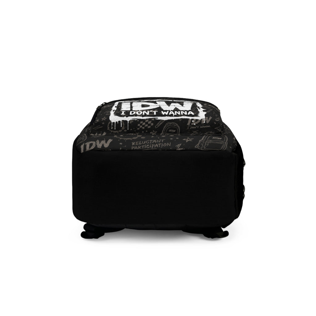 IDW "I Don't Wanna" Graphic Backpack — Black Doodle Pattern School & Travel Bag
