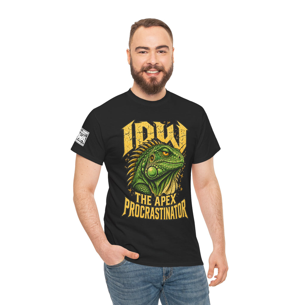 Apex Procrastinator Iguana T-Shirt — "I AM THE APEX PROCRASTINATOR" (Back: "THE VOICES IN MY HEAD REQUESTED A DAY OFF")