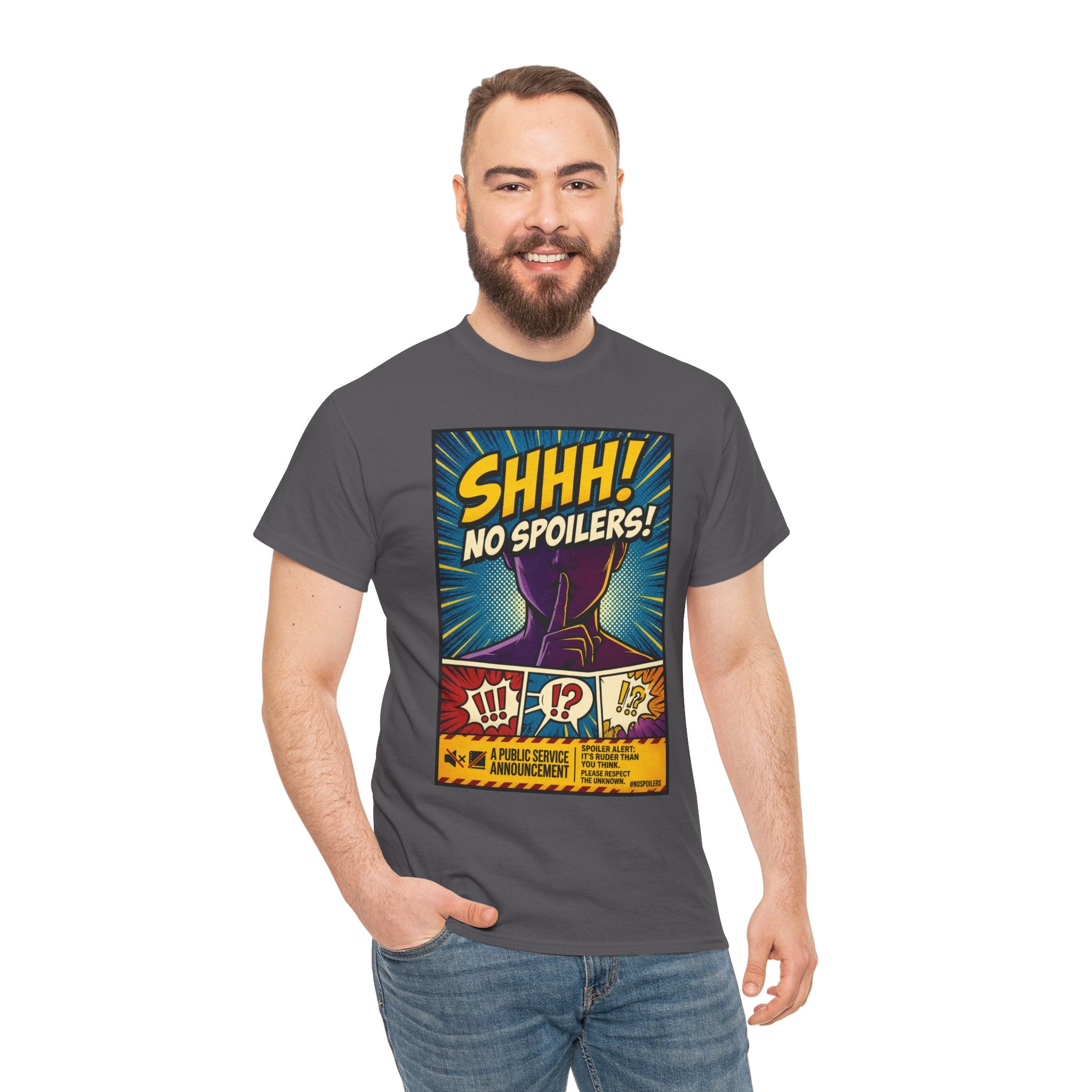 No Spoilers Graphic Tee — "SHHH! No Spoilers!" Comic-Style T-Shirt