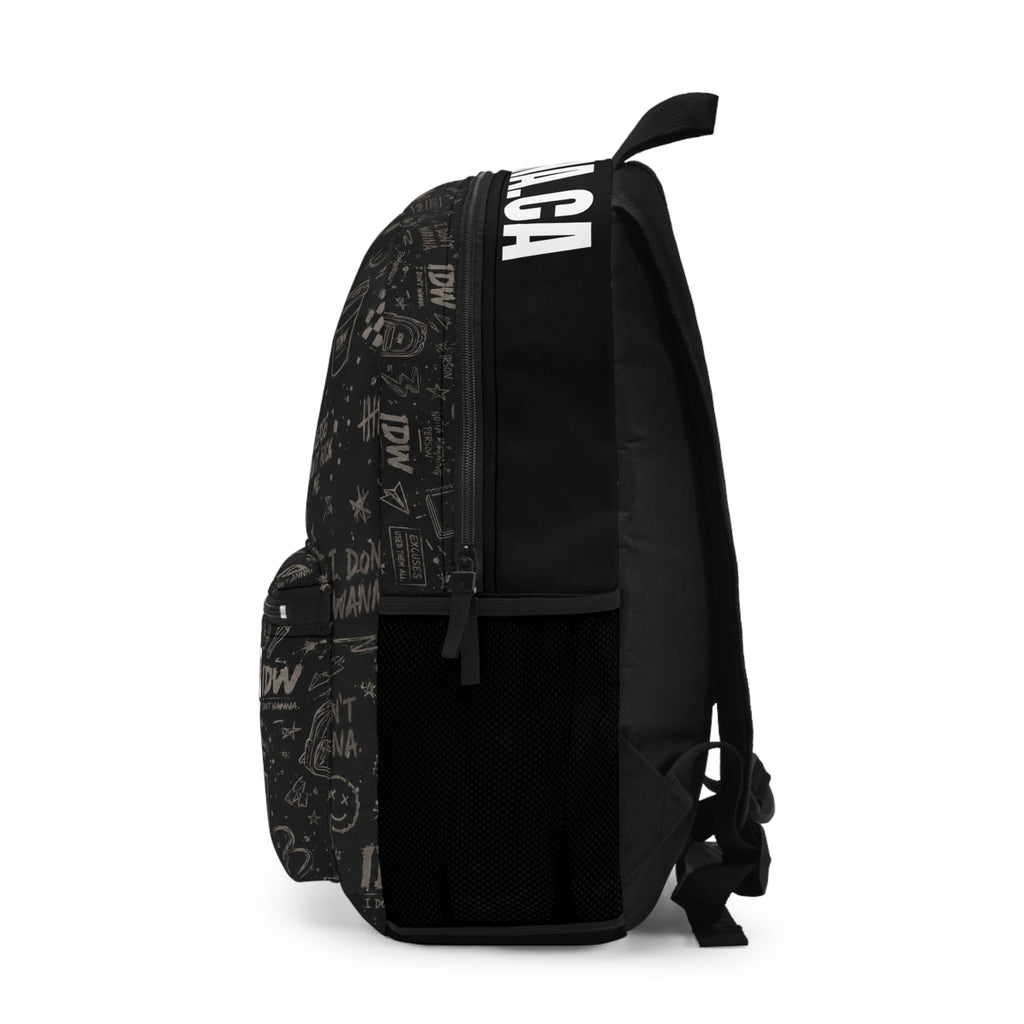 IDW "I Don't Wanna" Graphic Backpack — Black Doodle Pattern School & Travel Bag